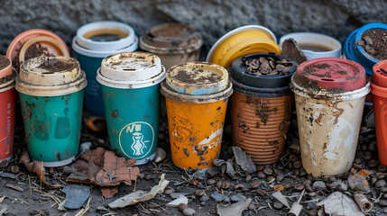 Graveyard: A collection of discarded coffee cups, symbolizing fleeting moments and consumerism.