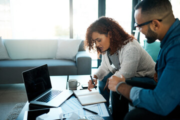 Planning, budget notebook or couple with laptop, finance documents and financial savings in...