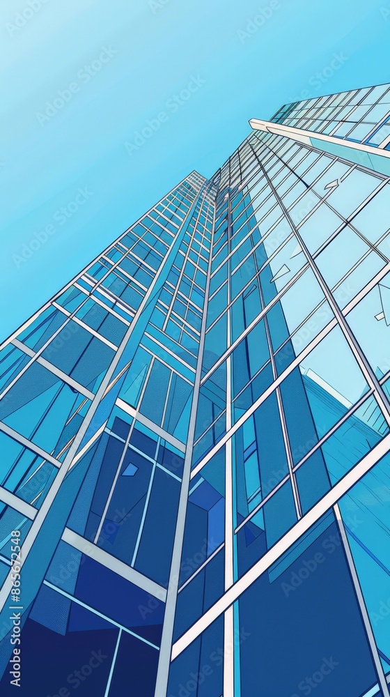 Poster abstract low-angle view of a modern skyscraper with blue glass windows. represents business growth, 