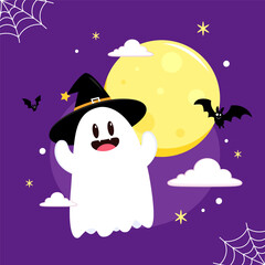 Cute ghost floating with Halloween pumpkin basket for Trick or Treat. Funny spooky boo character. Spook phantom with happy smiling face expression. Isolated kids flat vector illustration.