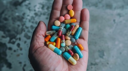 Variety of colored pills and capsules held in hand against a gray backdrop Remember to take your medication