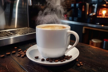 Fototapeta premium Steaming Coffee Cup with Coffee Beans