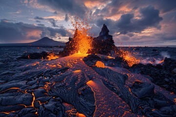 Hot molten lava flowing out of the earth, geology and natural disaster concept