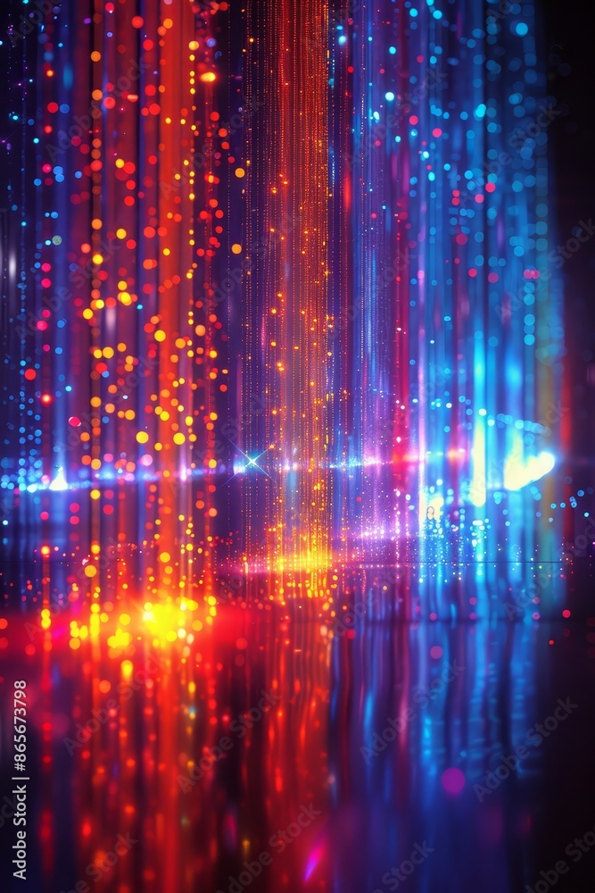 Poster Abstract digital lights in vibrant colors, creating a futuristic and dynamic background with glowing neon patterns and bokeh effects