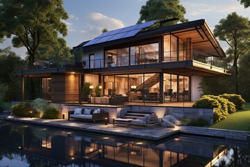 Obraz premium Solar panels on house, eco house, solar system, bright natural resources summer hot sunny day