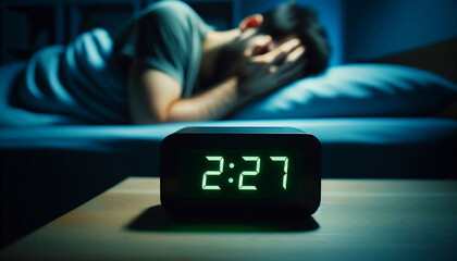 Person in bed, insomnia, digital clock at 2:27 AM, dim room, sleep disorder concept.