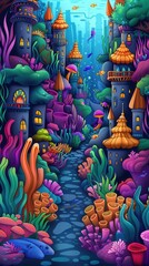 fantasy underwater world with a pathway and colorful houses