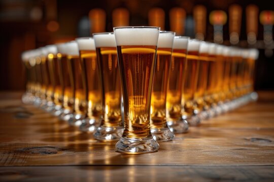 A row of beer glasses sitting on top of a wooden table, ideal for a party or gathering