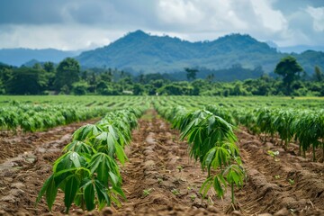 Cassava plantation in Thailand with rows of trees
