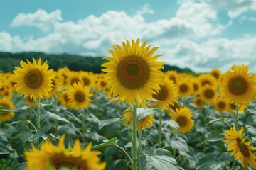 Obraz premium A field of bright yellow sunflowers growing under a clear blue sky, ideal for use in agriculture or nature-related contexts