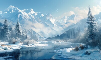 a river surrounded by snow covered mountains and trees