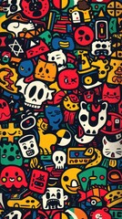 colorful pattern of skulls and cats