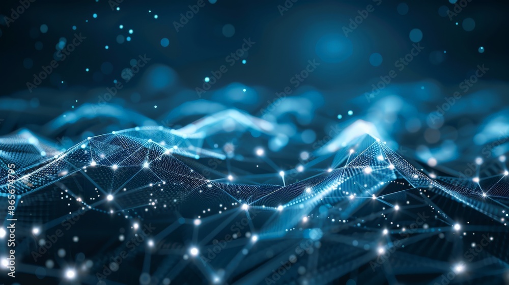 Aufkleber Abstract digital network with interconnected nodes and lines on a blue background. Ideal for modern business technology and data visualization