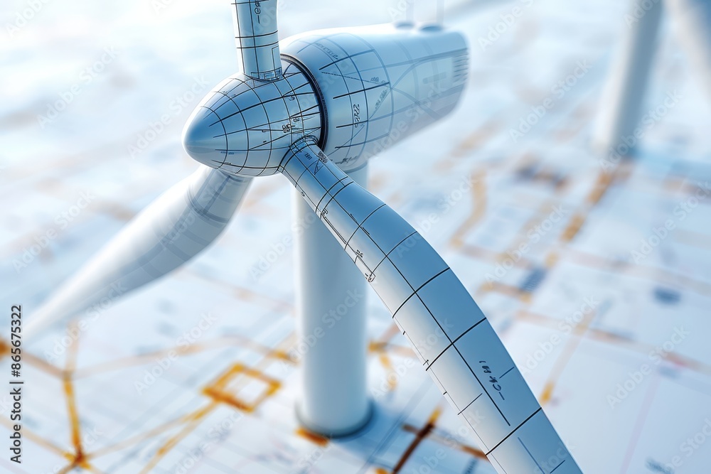 Poster detailed blueprint of a wind turbine, highlighting the engineering and design aspects of renewable e