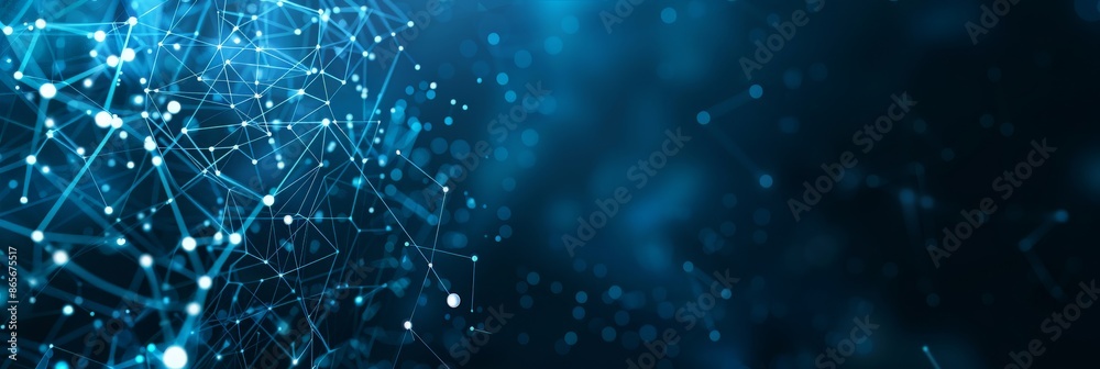 Poster Abstract blue network of interconnected dots and lines on a dark background. Concept of global communication and data exchange