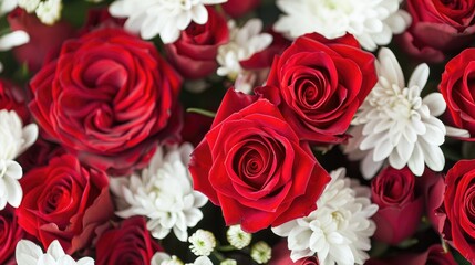 Fototapeta premium Bouquets of red roses and white chrysanthemums for celebrations