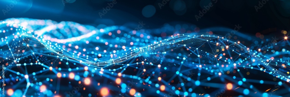 Fototapete abstract blue network with glowing dots and dynamic waves on a dark background. concept of futuristi