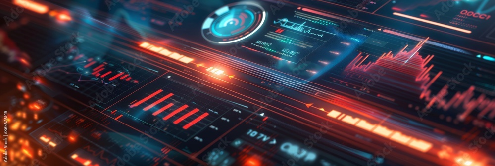 Poster Abstract red and blue financial data charts and graphs on a digital interface. Concept of market analysis and business growth