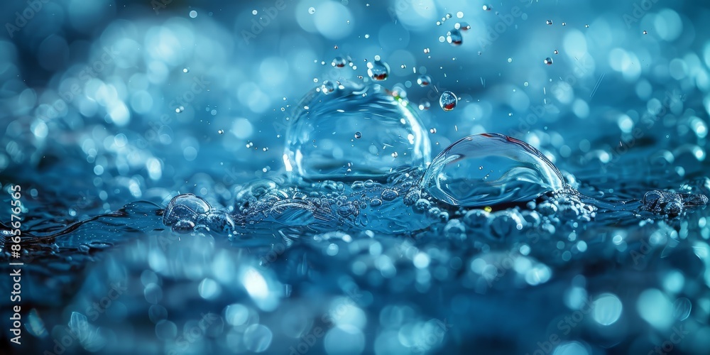 Poster closeup of a water droplet creating ripples on a blue surface, capturing the serene and dynamic moti