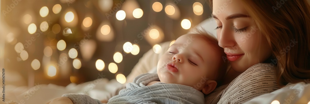 Poster a mother lovingly gazes upon her sleeping baby, creating a serene and peaceful scene. generative ai