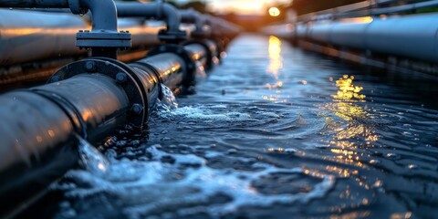 Industrial water pipes with flowing water at sunset, highlighting the engineering and infrastructure of modern water supply systems