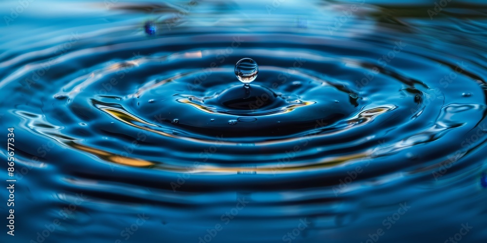 Poster closeup of a water droplet creating ripples on a blue surface, capturing the serene and dynamic moti