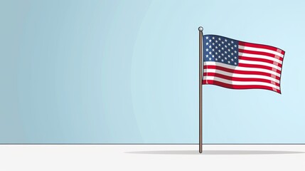 Fototapeta premium USA flag blowing in the wind, captured mid-wave, each stripe and star in sharp detail, set against a bright sunny backdrop, evoking a sense of national pride