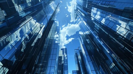 Blue glass skyscrapers reaching towards the sky in a futuristic urban environment. Perfect for business and corporate background themes