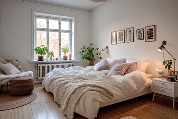 Fototapeta premium Bohemian Scandinavian bedroom with modern frame