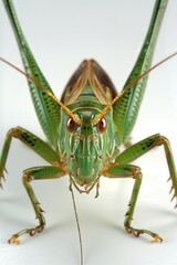 A close-up shot of a grasshopper sitting on a white surface