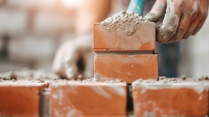 Workers meticulously aligning red bricks, cementing them into place, close-up of hands and tools at a busy construction site, texture of bricks and mortar detailed, sunlight highlighting their efforts