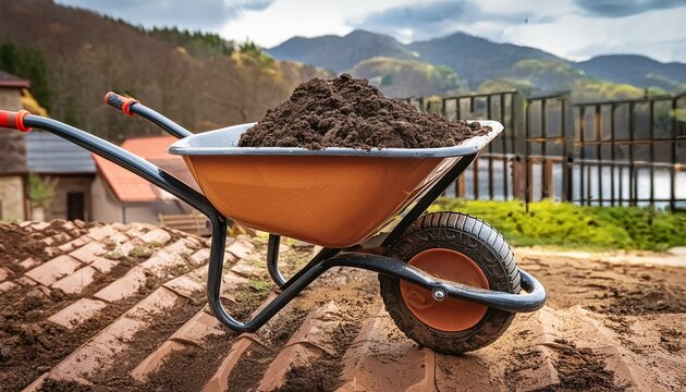 schubkarrre auf baustelle mit erde gef&uuml;llt - schiebtruhe