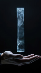A hand reaches up towards a glowing glass cylinder filled with smoke, against a dark background. The cylinder appears to be floating
