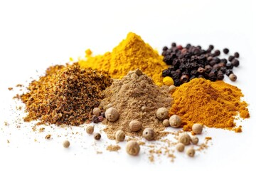 A selection of various spices laid out on a clean white surface