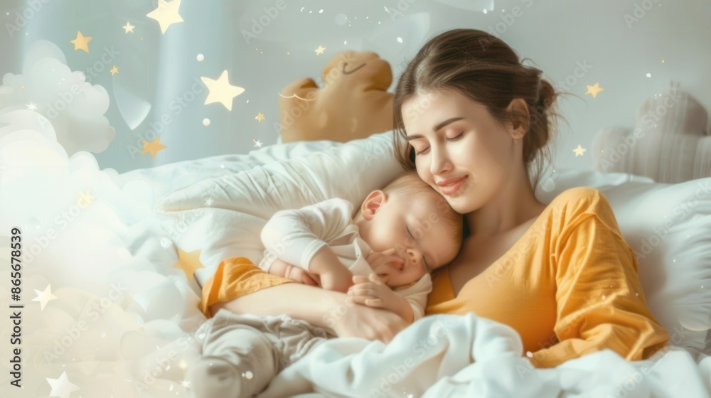 Poster a mother gently cradles her sleeping baby in a soft, white bed. the scene is serene and calming, per