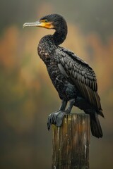 A single black bird sits atop a wooden post, possibly in a garden or yard setting