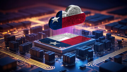 Technology soaring, a Texas flag-themed cloud hovers above a processor, symbolizing innovation in the digital age