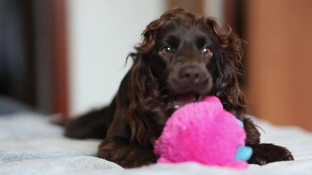 A cute English cocker spaniel puppy play with his pink toy fluffy ball. A English Cocker Spaniel puppy plays with his pink toy fluffy ball. A dark brown English Cocker Spaniel puppy on the bed.