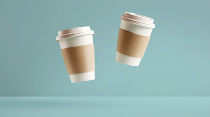 Two blank coffee cups floating in the air, ready for your design or message.