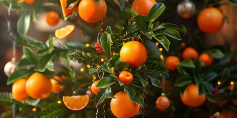 The tree is decorated with a variety of citrus fruits including oranges, tangerines, clementines and more.