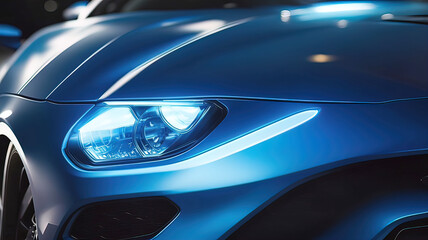 Close-up of car headlight with xenon light on black sports car