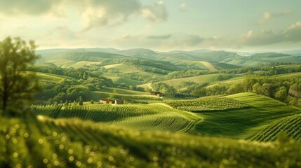 Fototapeta premium A green field with a house in the distance, suitable for use as a background or landscape
