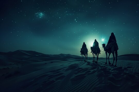 Christmas adoration of Jesus birth by Three Wise Men in desert following Bethlehem star