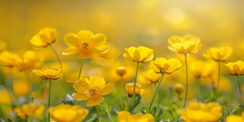 Obraz premium Yellow buttercup flower meadow background. Floral spring wallpaper, banner. Nature