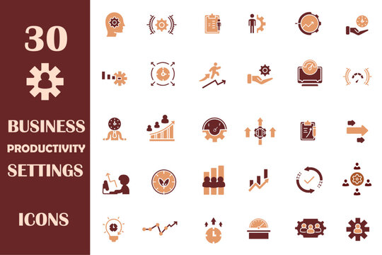 Business productivity and efficiency web icons set. Efficiency, task, focus, multitasking, workflow, growth, routine, project management, automation and productive. Vector illustration