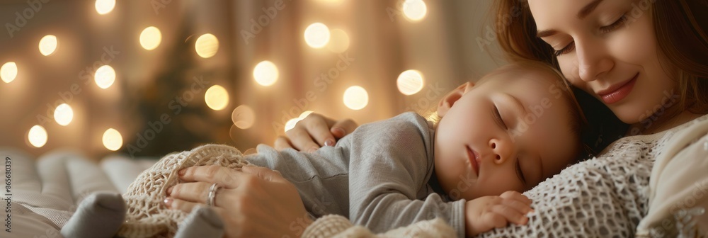 Poster a mother lovingly holds her sleeping baby in a warm and cozy environment, creating a serene and peac