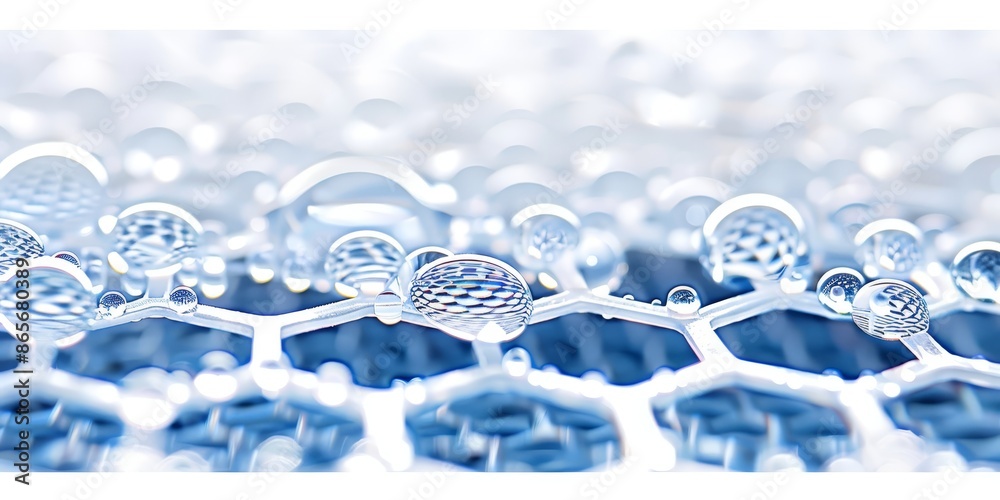 Poster macro shot of water droplets on a black hexagonal surface, showcasing the detailed and reflective pr
