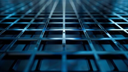 Abstract blue metallic grid background, low angle view. Futuristic industrial concept