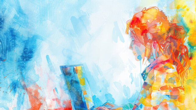 A watercolor painting of a woman working on a laptop. The woman is in profile, with her red hair pulled back. The background is a wash of blue, yellow, and orange