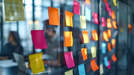 Business team brainstorming with sticky notes on a glass board while discussing ideas at a meeting table